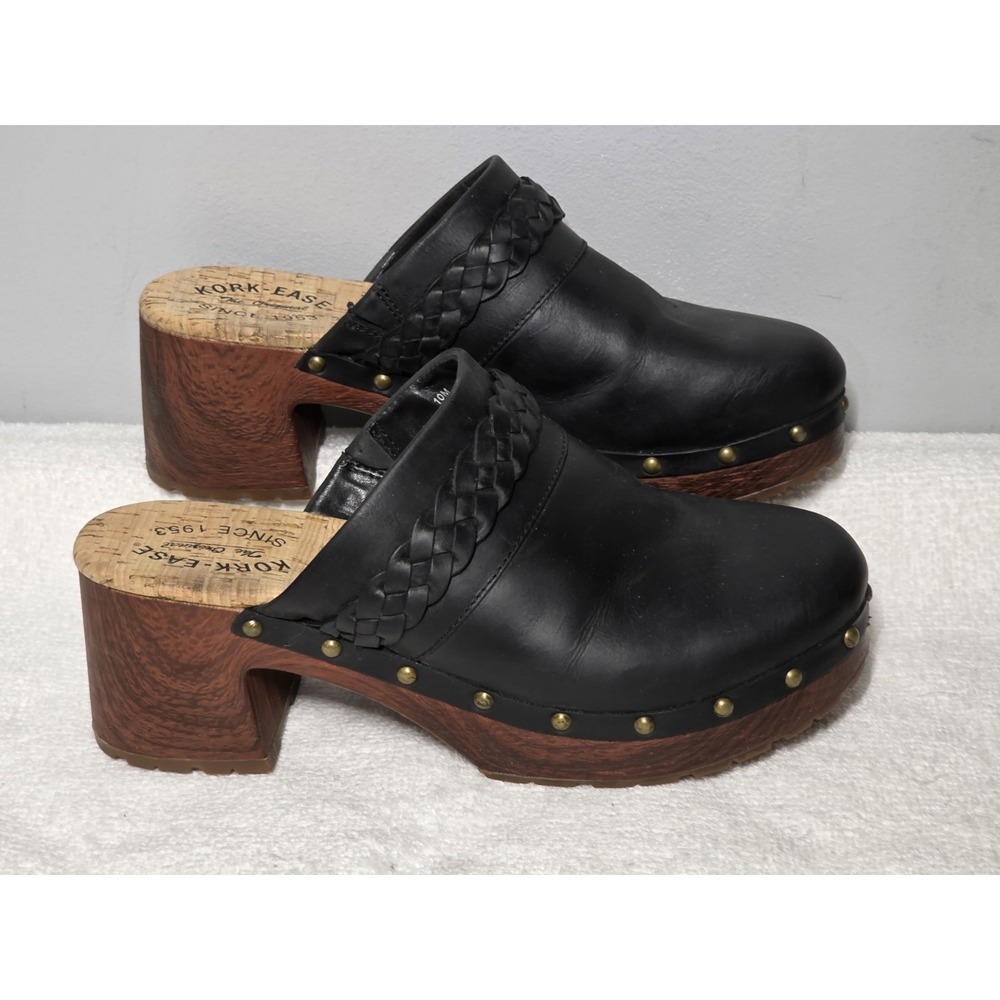 Kork-Ease Tilly Clogs Braided Black Leather Walnut Midsole Heel Women's US 10M